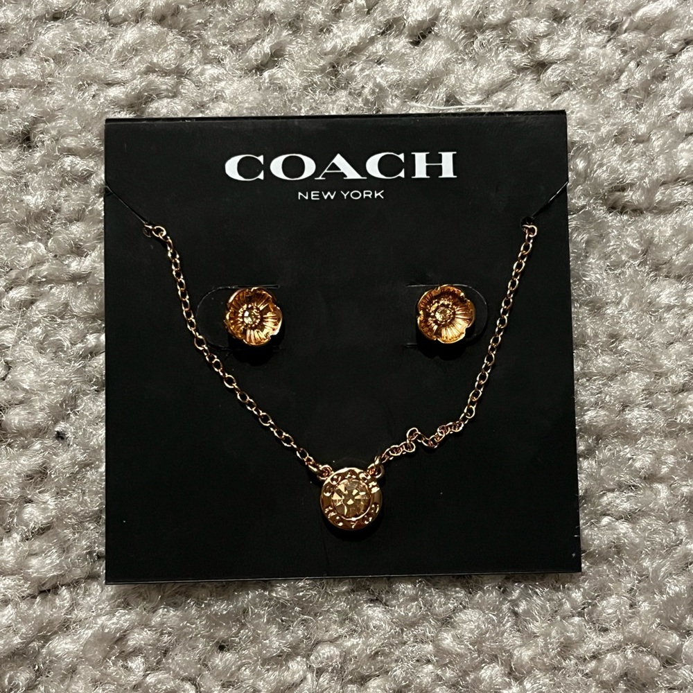Coach Gold Flower Earrings and Necklace Set